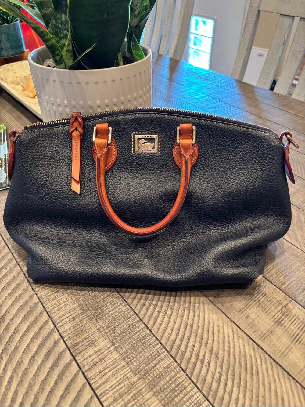 Dooney & Bourke Black Pebble Leather Satchel with Tan Handles